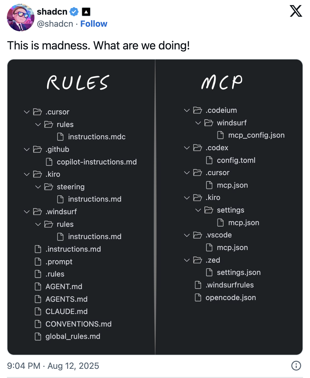 Tweet screenshot: "This is madness. What are we doing!" with RULES vs MCP trees