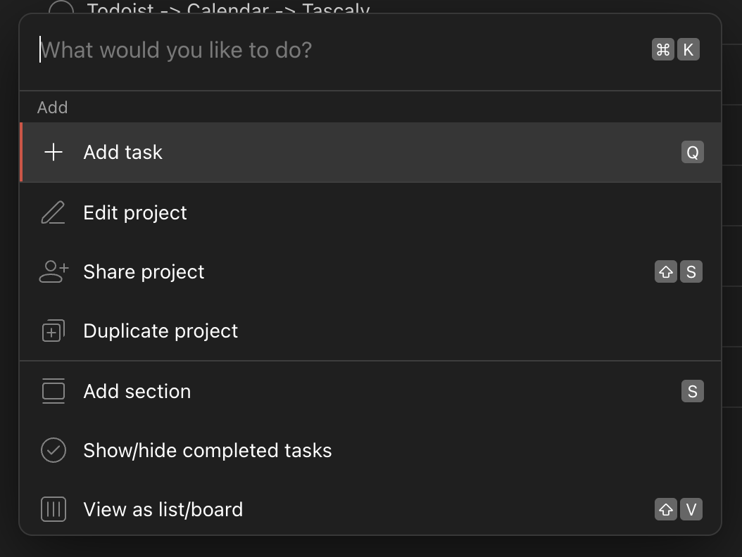 The CMD+K menu in Todoist